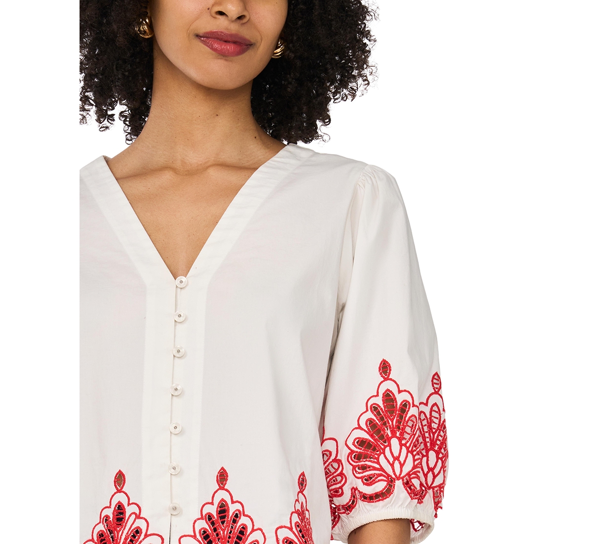 Vince Camuto Women's Cotton Embroidery Hem V-Neck Top