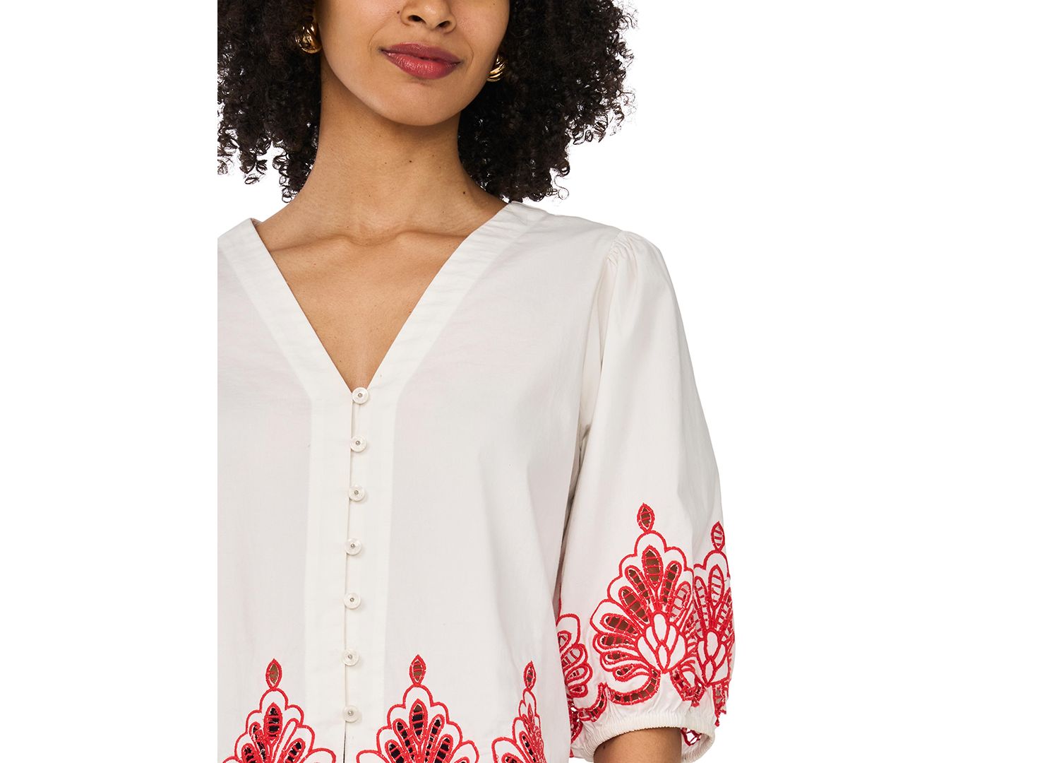 Women's Cotton Embroidery Hem V-Neck 3/4-Sleeve Button-Up Shirt
