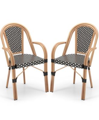 Set of 2 Hand-Woven PE Wicker Outdoor French Bistro Chairs with Galvanized Steel Frame