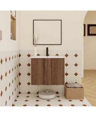 Wall Mounted Bathroom Vanity with Ceramic Sink, Soft Close Double Doors, Modern Brown Ebony Floating Storage Cabinet