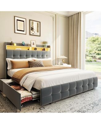 Bed Frame with Headboard and 2 Storage Drawers,  Upholstered Bed Frame with LED Light, Modern Soft Bed with Charging Socket and USB
