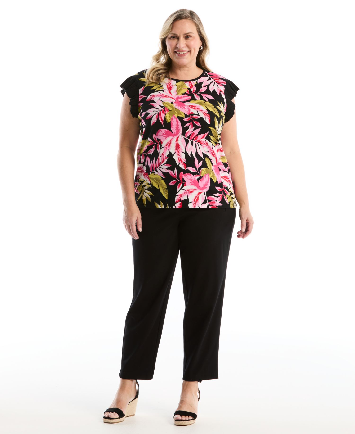 Plus Size Tropical Print Ruffle Cap-Sleeve Top