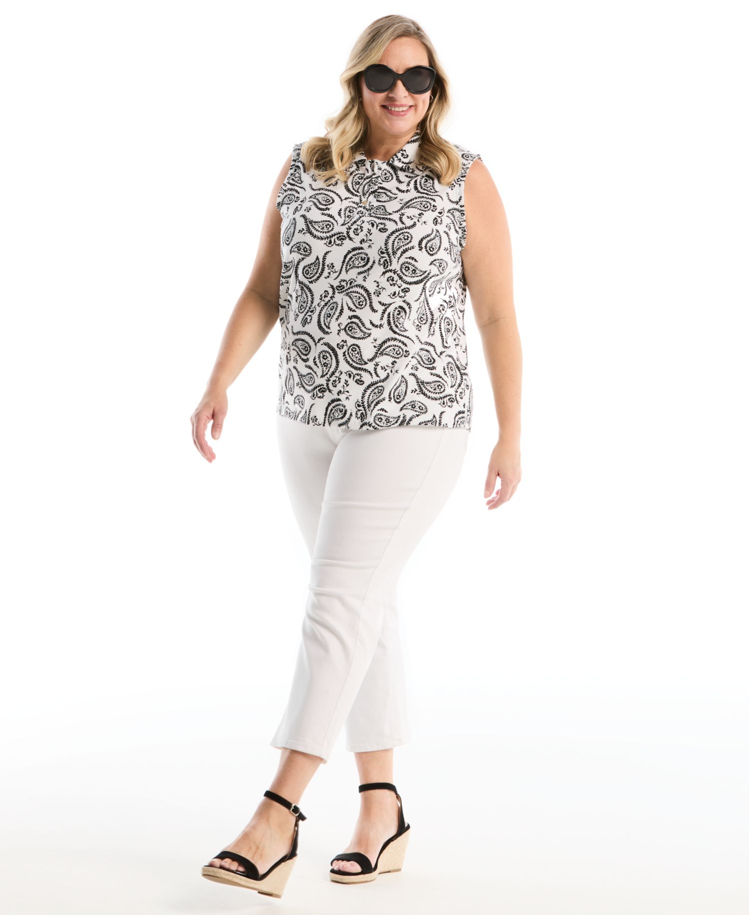 Plus Size Paisley Print Ruffle Trim Sleeveless Polo Shirt