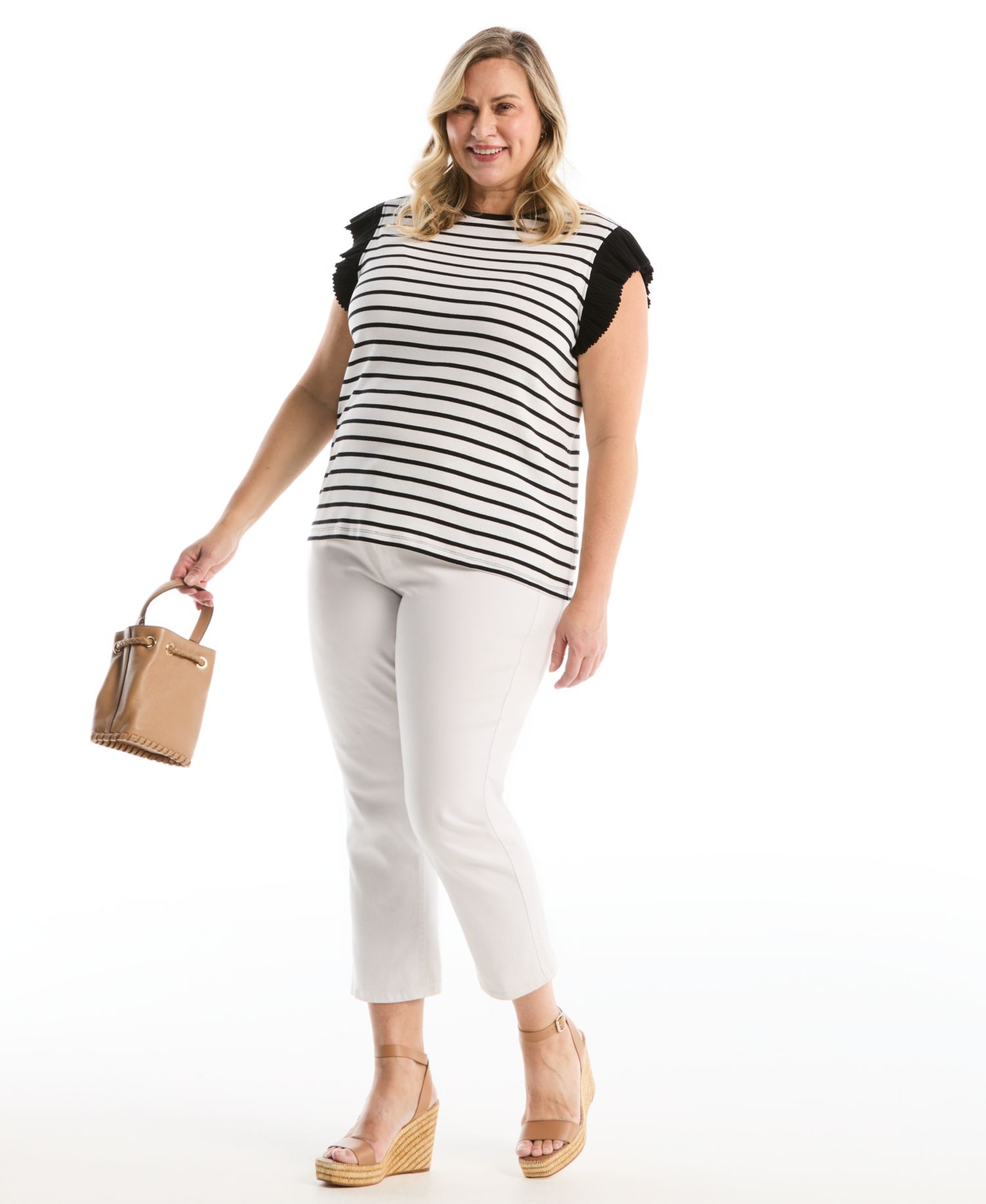 Plus Size Striped Ruffle Cap-Sleeve Top