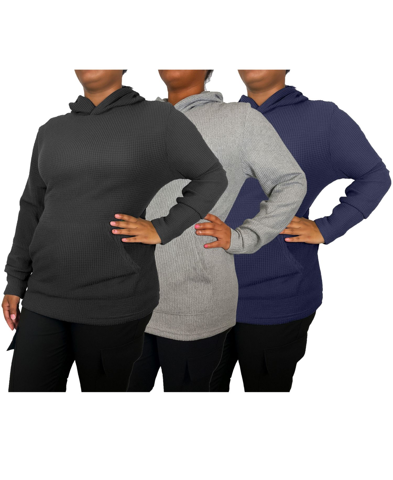 Women's Womeen's Loose Fit Waffle Knit Thermal Pullover Hoodie -3 Pack
