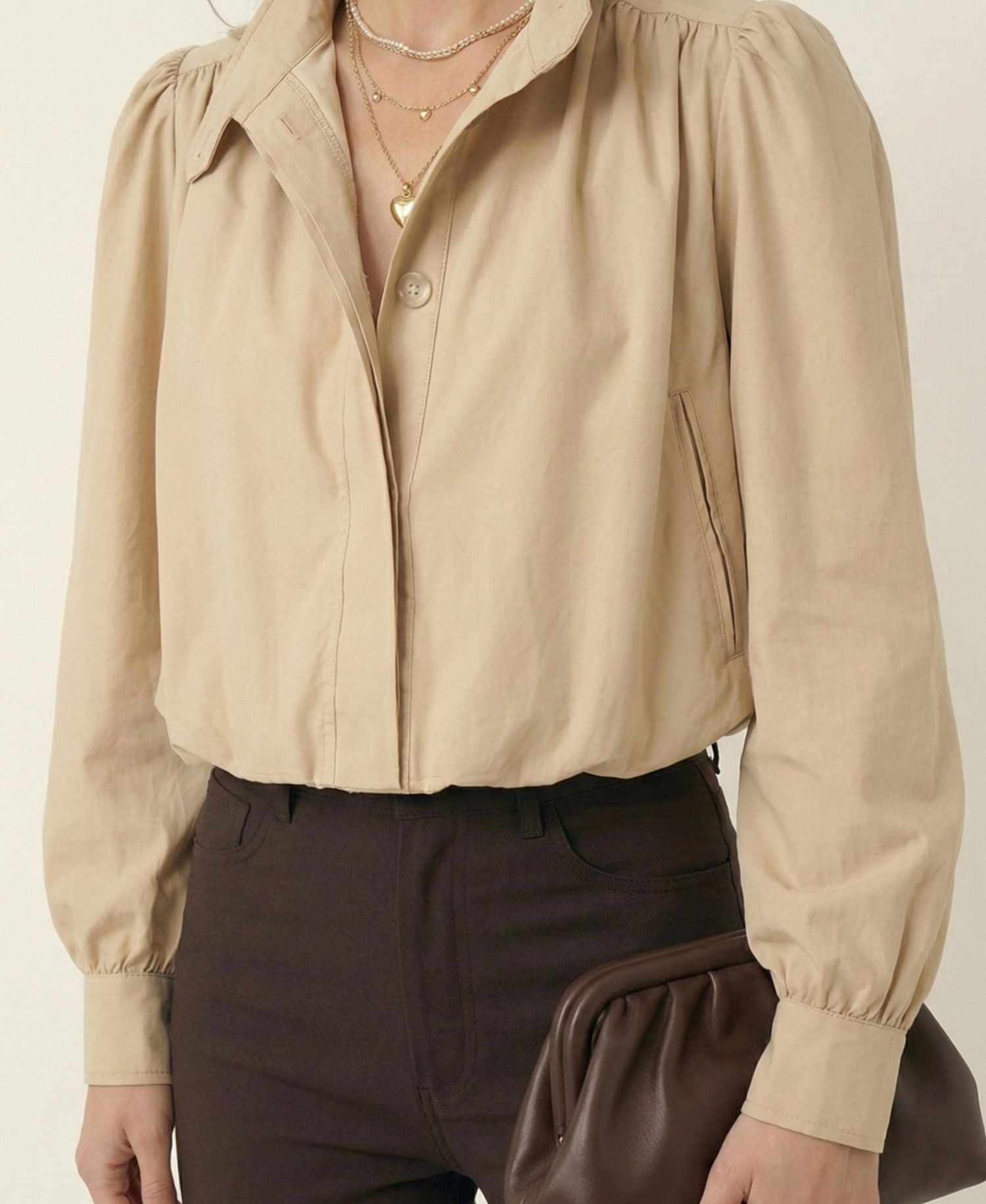 Women's Cropped Point Collar Puff Sleeve Jacket