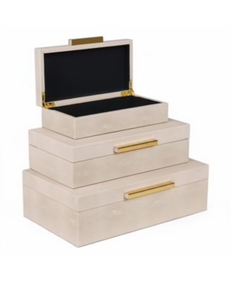 Shagreen Decorative Boxes Set Of 3 Faux Leather Metal Handles Stackable Home Organizer