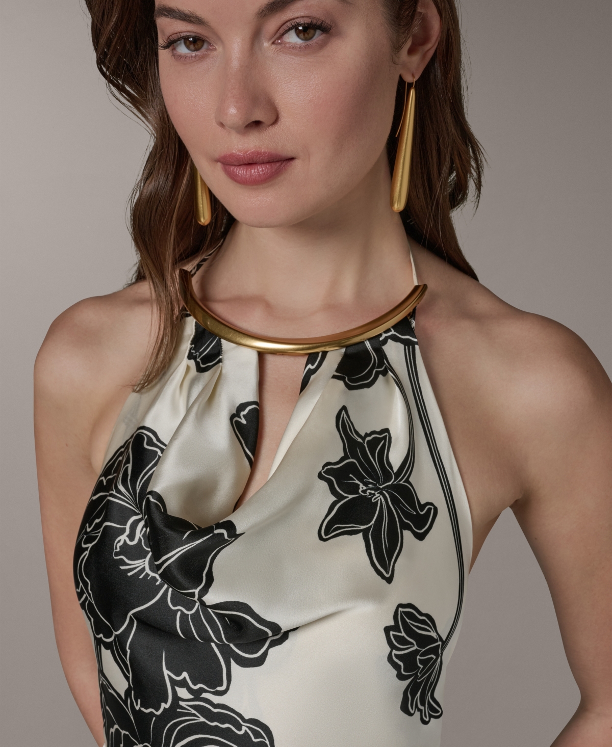 Donna Karan New York Women's Cowl Neck Halter Floral A-Line Sleeveless Midi Dress