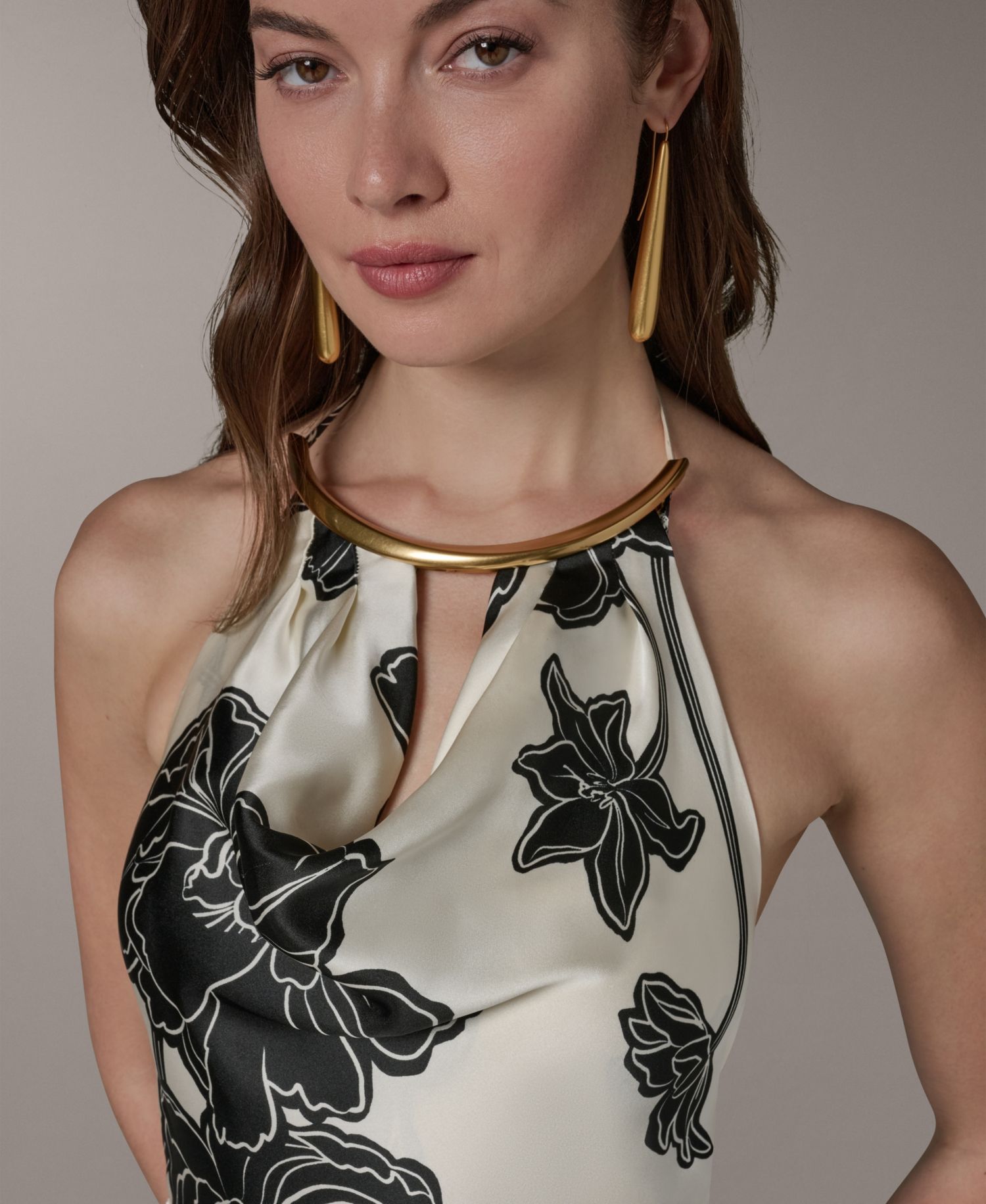 Women's Cowl Neck Halter Floral A-Line Sleeveless Midi Dress