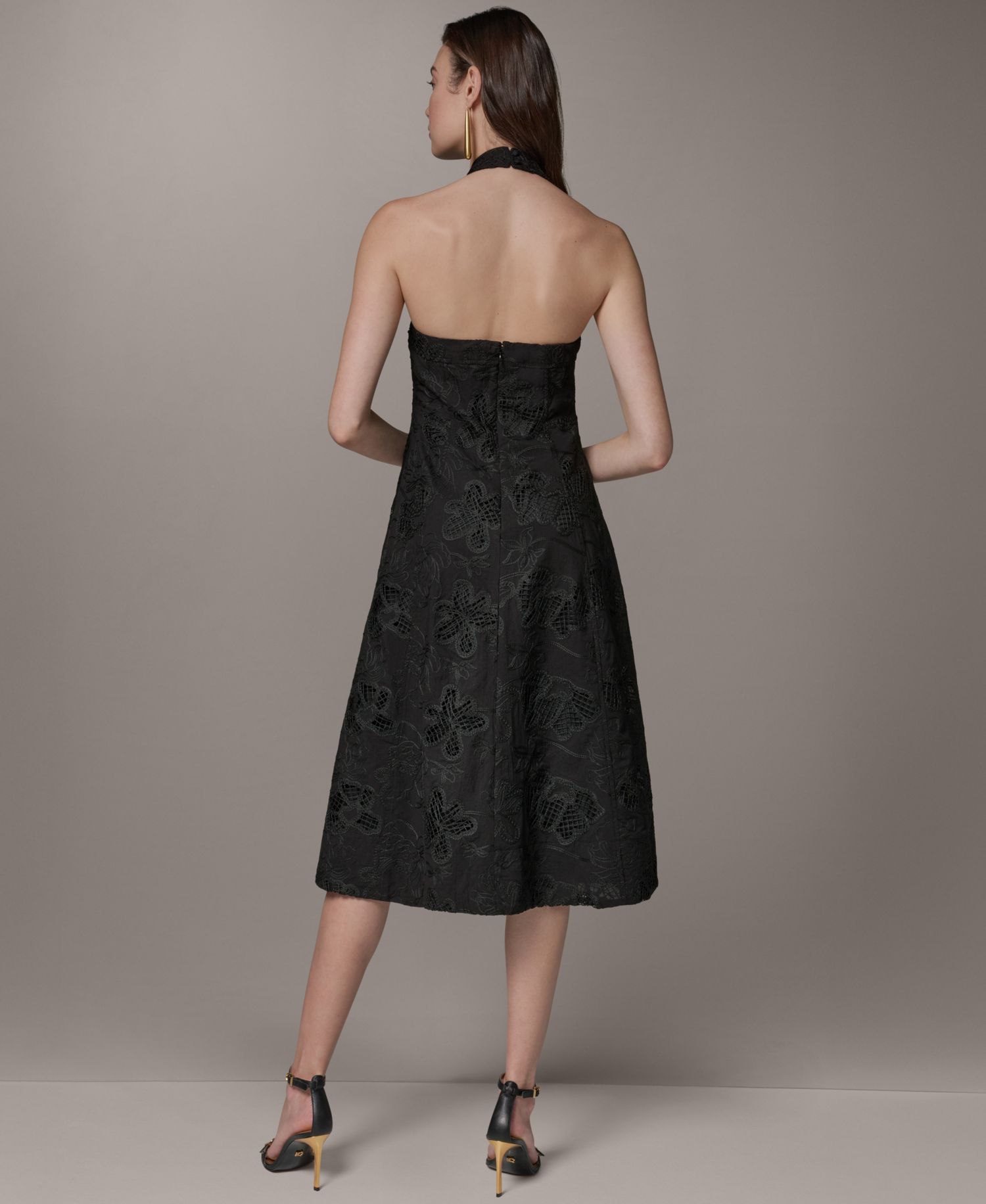Women's Halter Fit & Flare Sleeveless Embroidered Midi Dress