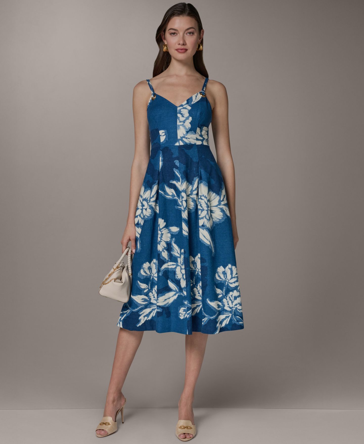 Женское платье Donna Karan New York V-Neck Linen Blend Fit & Flare Sleeveless Midi, цвет: Синий разноцветный — фото 1