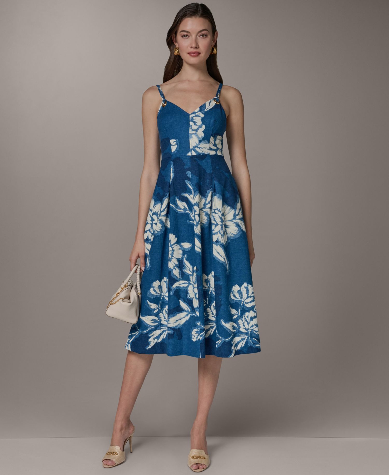 Women's V-Neck Linen Blend Fit & Flare Sleeveless Midi Dress