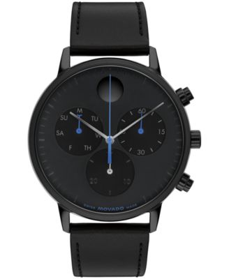 Movado Men's Face Swiss Quartz Chrono Black Leather Watch 43mm - Black
