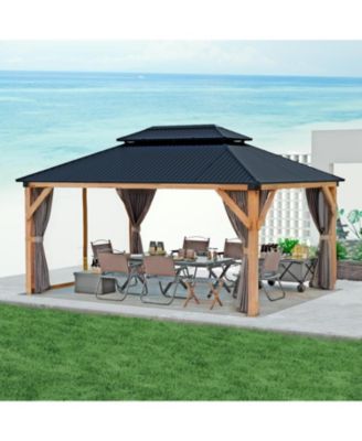 Hardtop Wood Gazebo 10ft x 12ft for All Weather, Double Metal Roof, Heavy Duty Wooden Frame, Net, and Curtain, Permanent Building for Patio