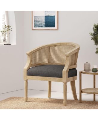 French Country Accent Chair, Reading Armchair with Cushion, Slender Turned Legs and Vintage Rattan Hollow Out for Living Room