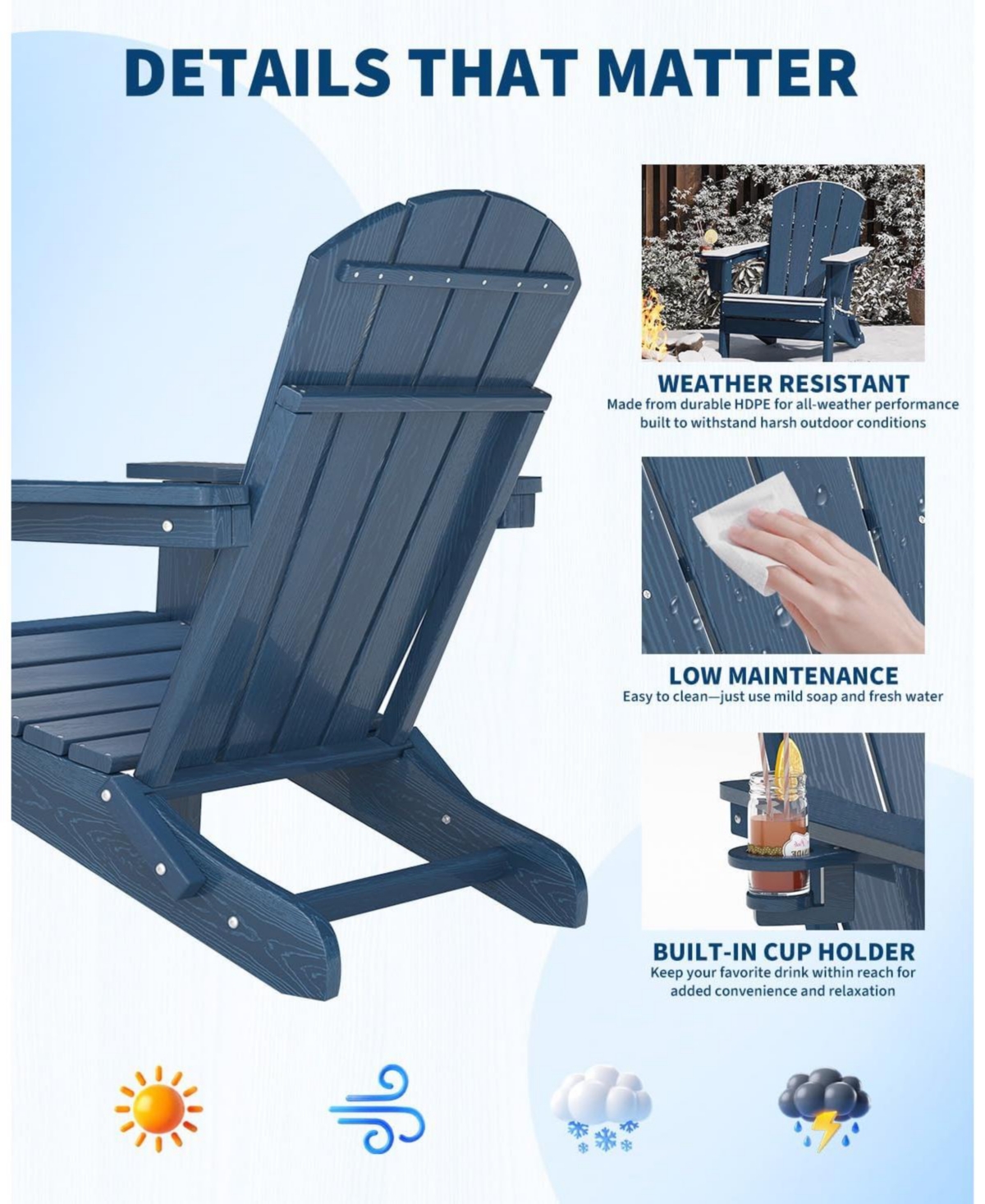 gaomon Folding Adirondack Chair Set of 4, Hdpe Outdoor Patio Chair with Cup Holder, All Weather Resistent Wooden Textured for patios, Decks, Gardens.