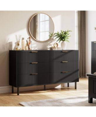  Wave Fluted 6 Drawer Dresser, Wide Wood Double Dresser with Metal Legs and Handles, Modern Chest of Drawers with Anti-Tipping Design