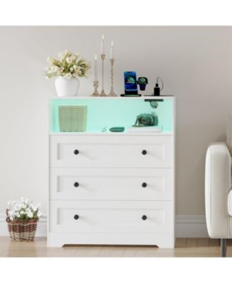 3 Drawer Tall Dresser for Bedroom with LED Lights, Wood Dresser with Charging Station for Closet, Wooden Nightstand for Bedside