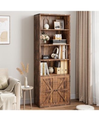 Tall Farmhouse Bookcase, 6-Tier Wooden Shelves with Drawer, Narrow Wood & Metal Storage Organizer