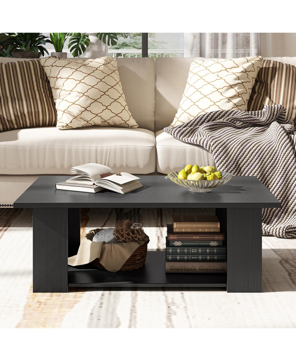 Large 2-Tier Modern Coffee Table with Storage Shelf for Living Room