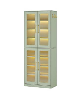 Bookcase with Doors and LED Light, 67-inch Tall  Bookshelf with 8-Tier Adjustable Shelves and Hanging Hooks, Freestanding Storage Cabinet