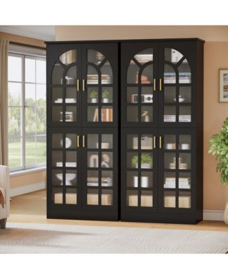 8-Tier Bookshelf with Doors and LED Lights Set of 2, 68.9" Tall Bookcase with Adjustable Shelves, Modern Wooden Display Cabinet