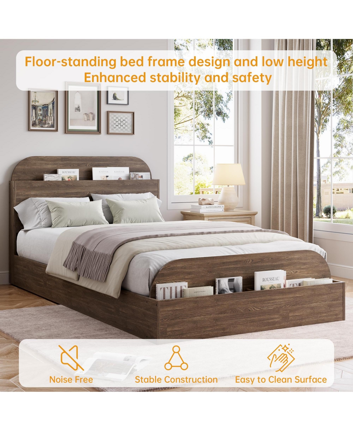 Homfan Wooden Beds with Storage Headboard and Raised-Foodboard, Twin-Floor Low Platform Bed for Bedroom