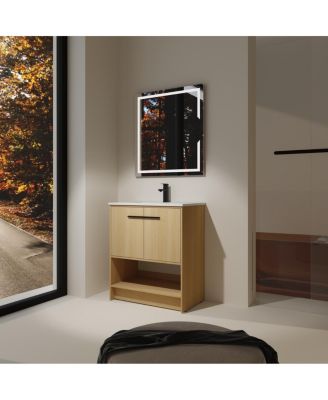 Freestanding Bathroom Vanity with Ceramic Sink, Open Storage Shelf, 2 Soft Closing Doors, American Modern Design