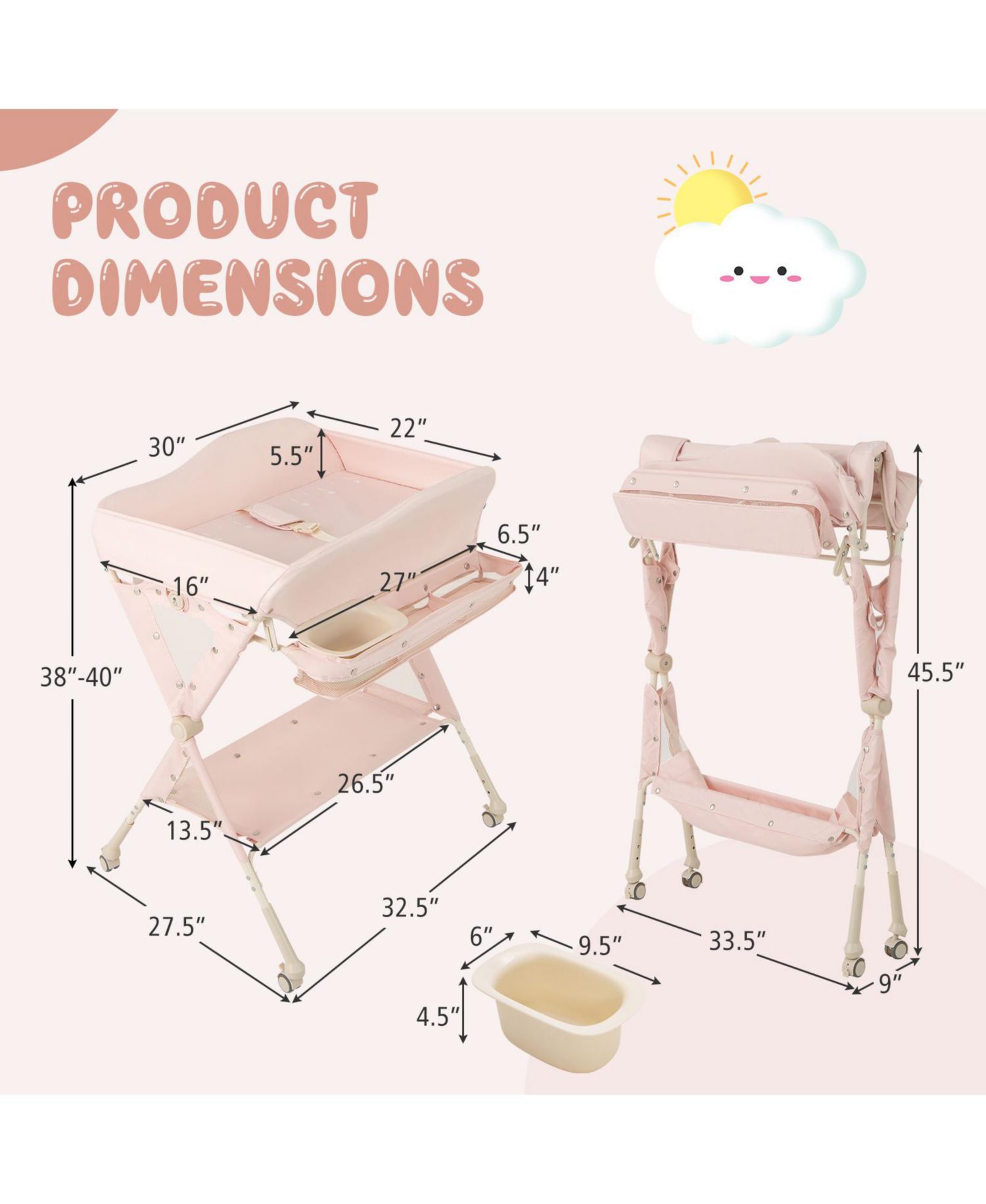 Infant Diaper Changing Table with Water Basin and Wheels