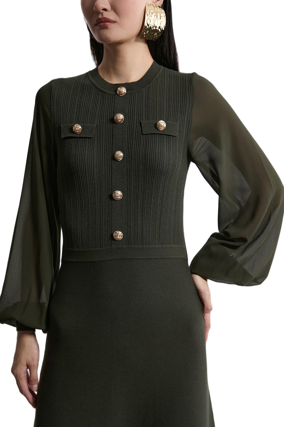 Karen Millen Women's Military-Trim Chiffon-Sleeve Knit Dress view 3 — MAYCSS fashion products