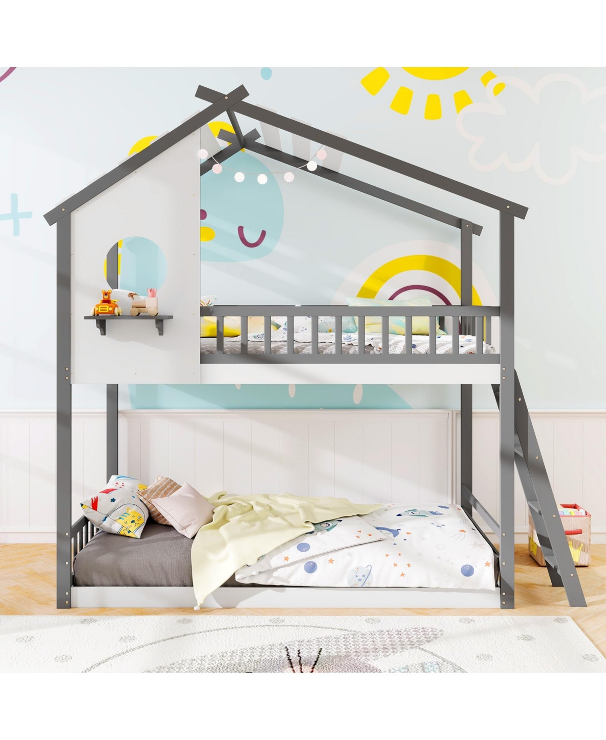 Slickblue Kids House Bunk Bed Twin Over Twin with Roof and Safety Rails