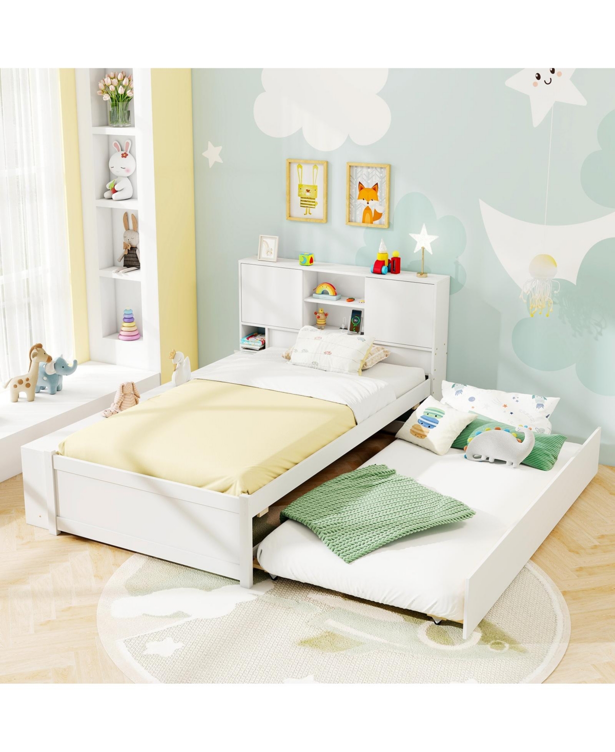 Slickblue Twin Size Platform Bed with Trundle and Charging Ports