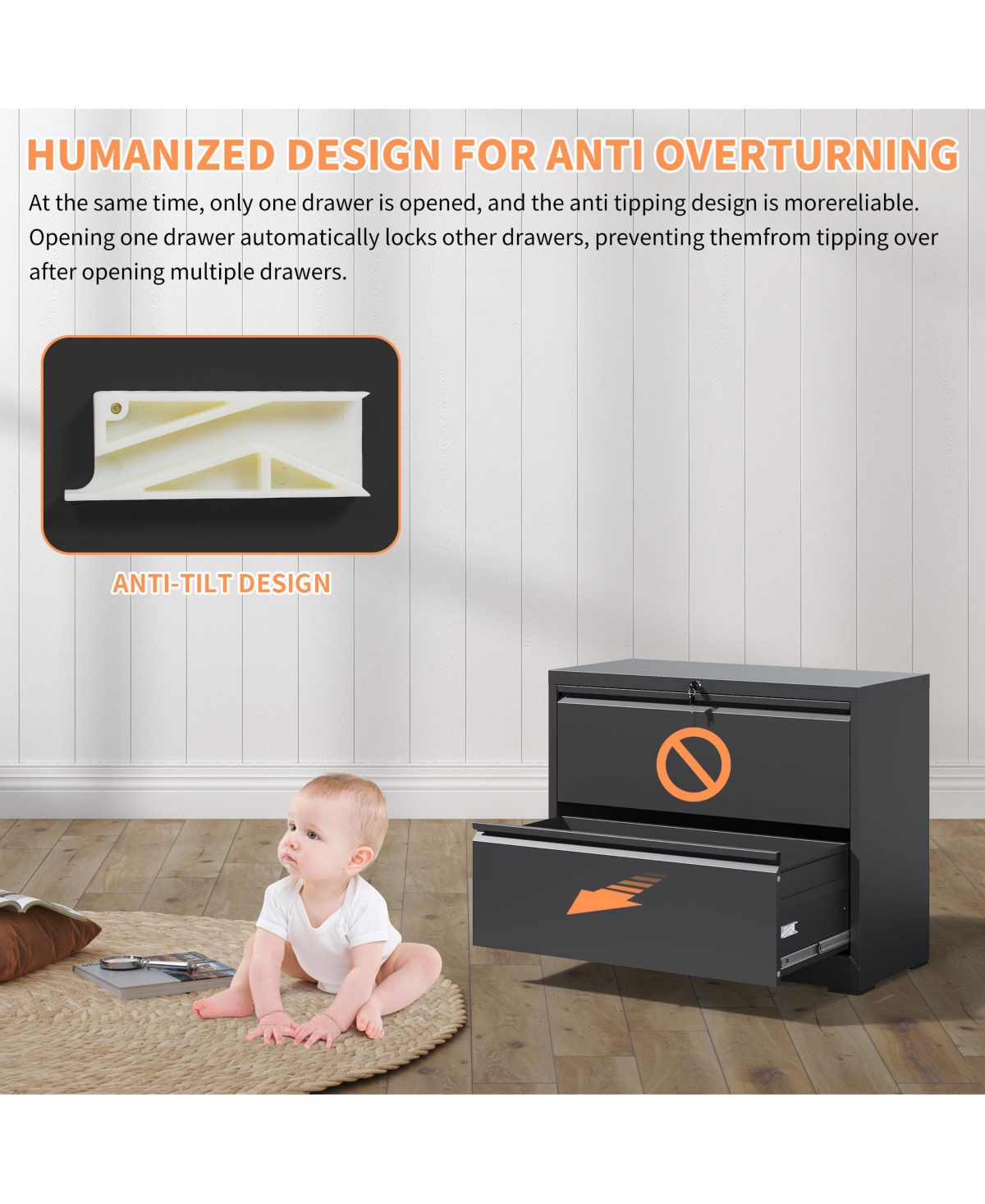 Rainsken Lateral File Cabinet, Metal Filing Cabinet with 2 Drawer and Lock, Anti-Tip Design for Legal/Letter/A4/F4