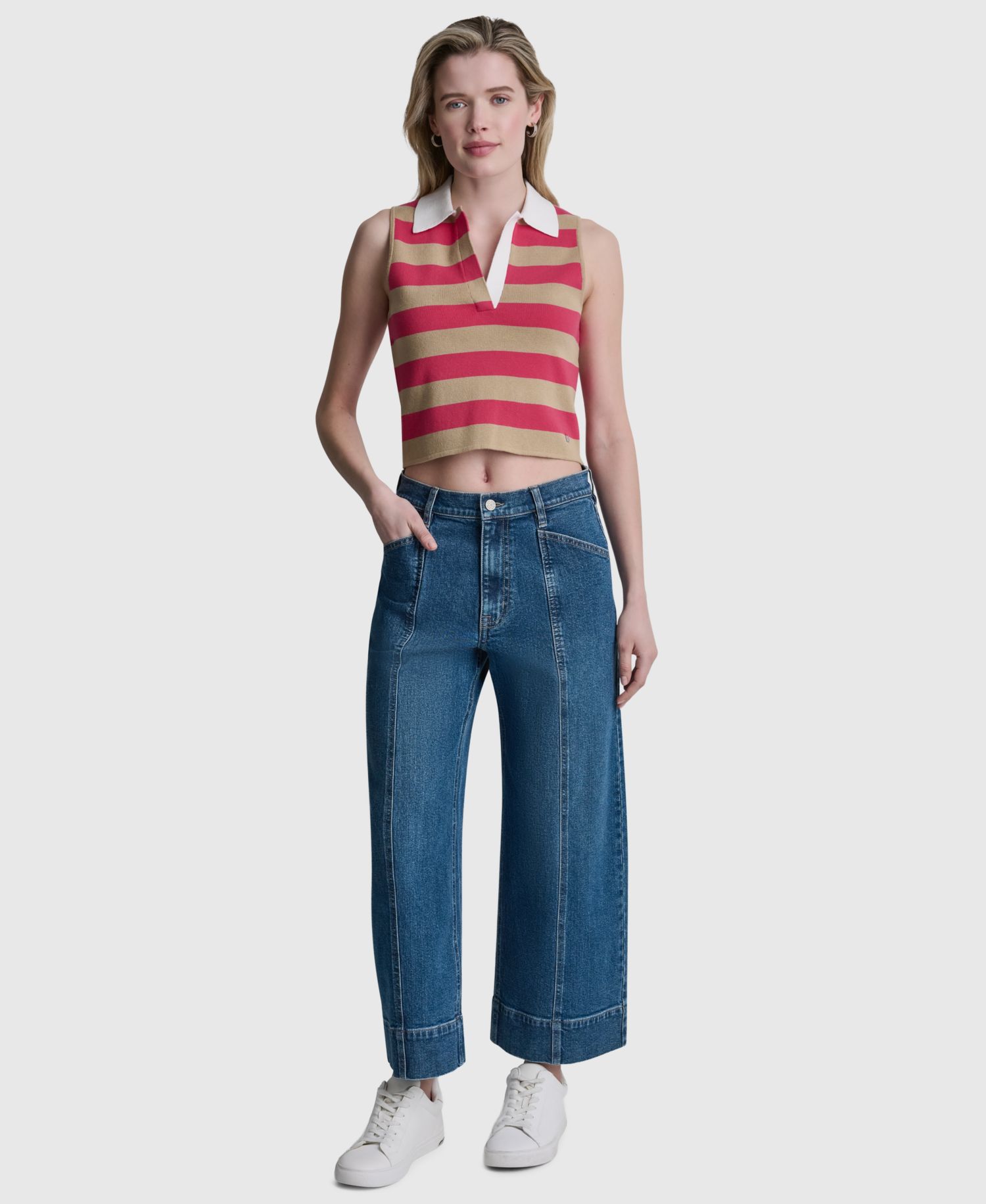 Women's Striped Sleeveless Polo Sweater