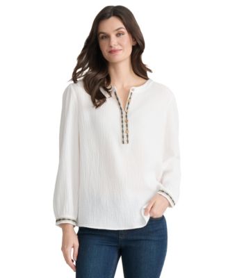 Petite V-Neck Embroidered Placket Popover Top