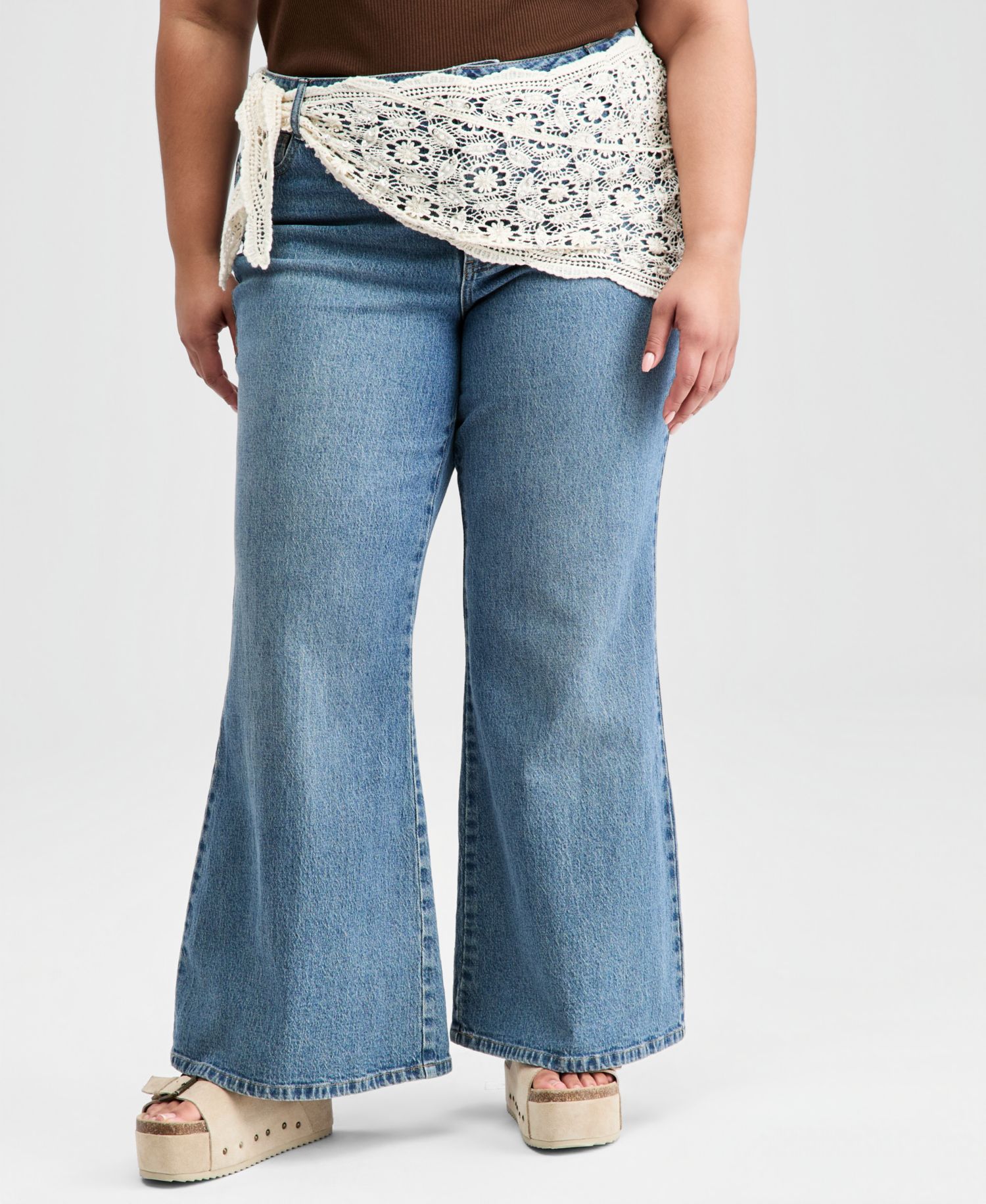 Petite Crocheted-Scarf Flare Jeans