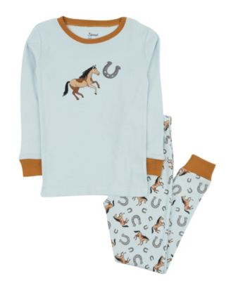 Leveret Toddler Boys Matching Family Two-Piece Cotton Long Sleeve Shirt and Pants Pajama Set 2T-5T - Animal and Nature Prints - Horse light blue 40$