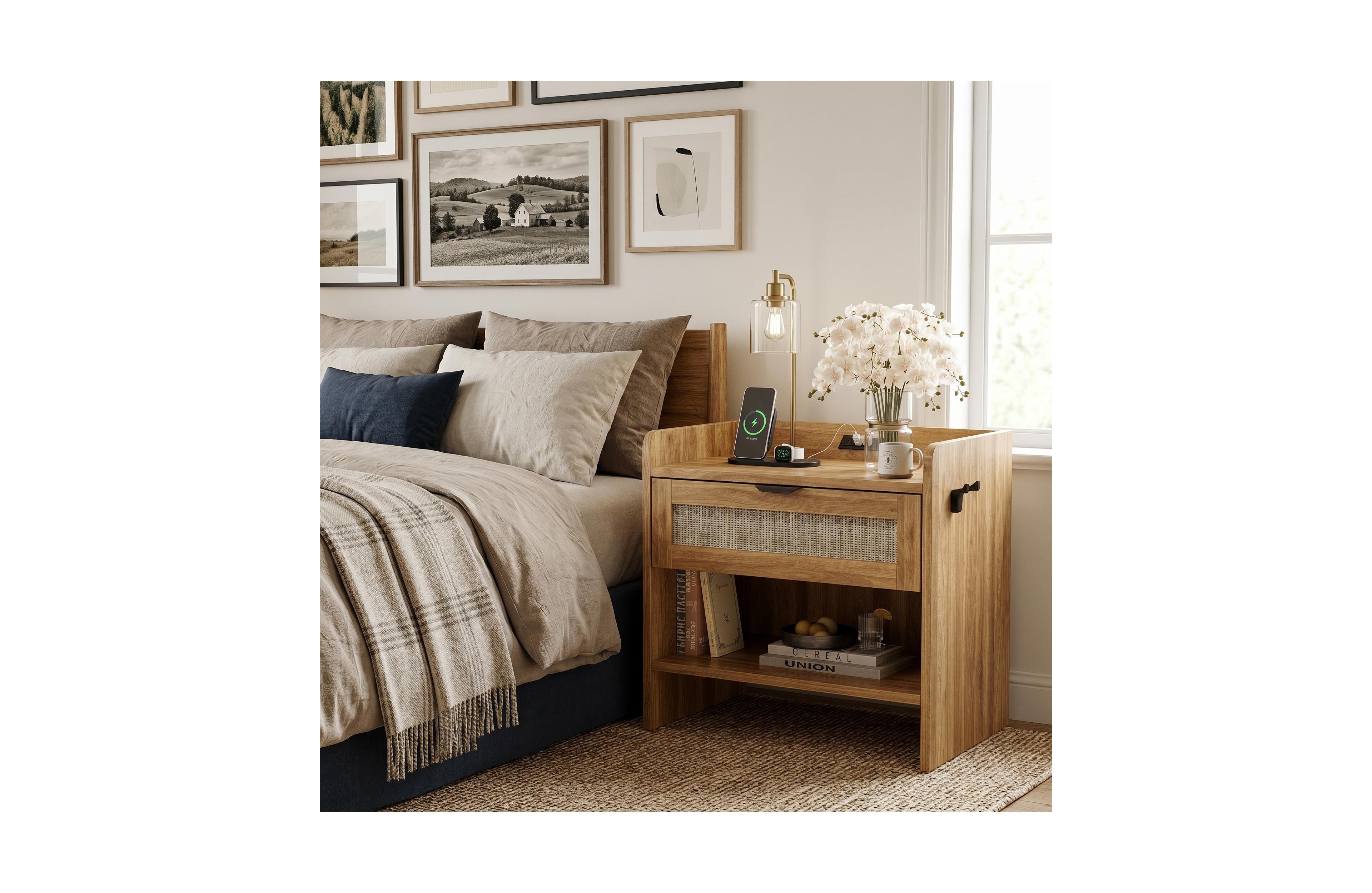 homfan Boho Rattan Bedside Table with Type-c Charging Port, 1 Drawer and Open Storage Shelf, End for Bedroom Office