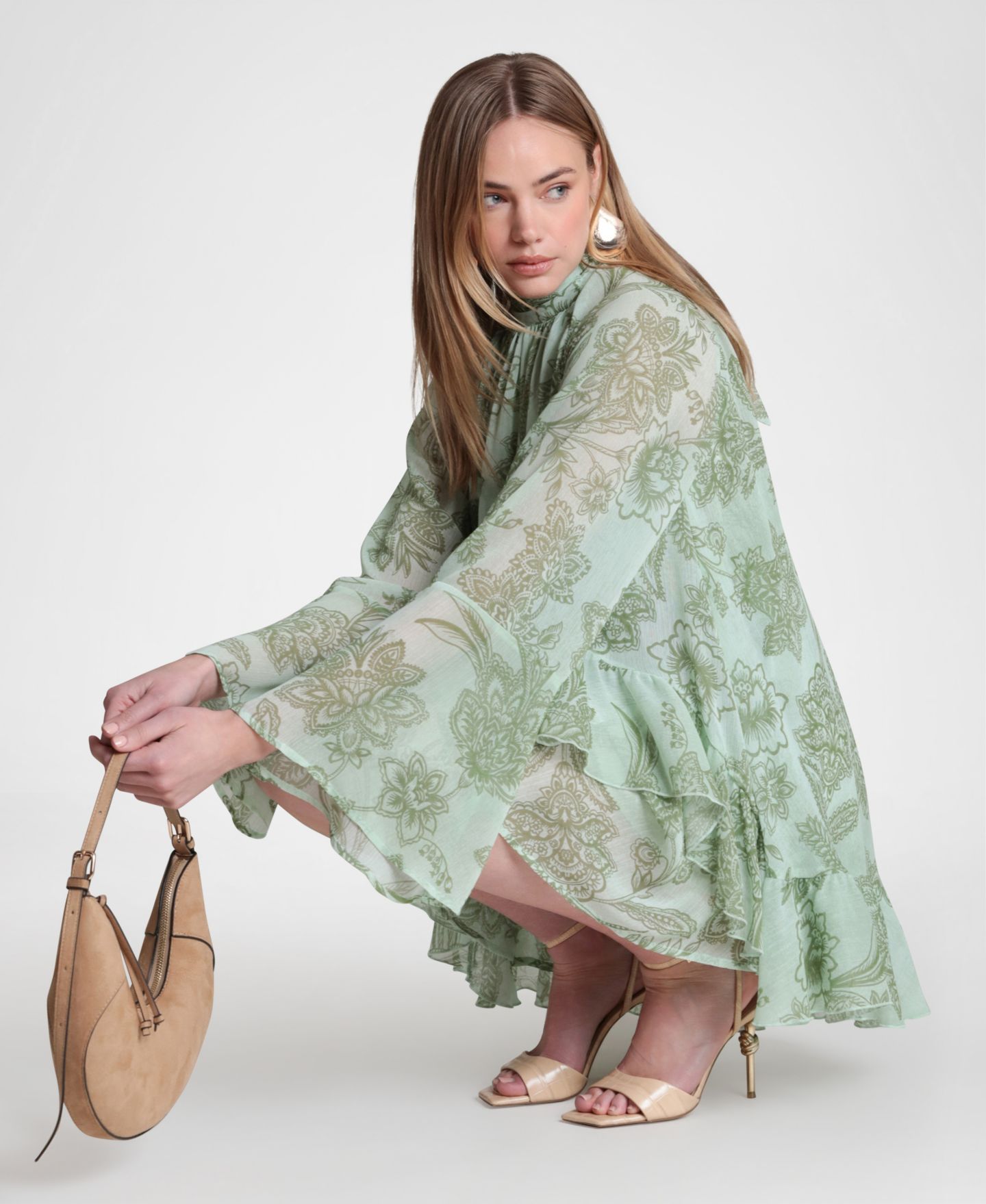 Женское платье Avec Les Filles Mock Neck Tiered Ruffle Mini, цвет: Оливковый — фото 5