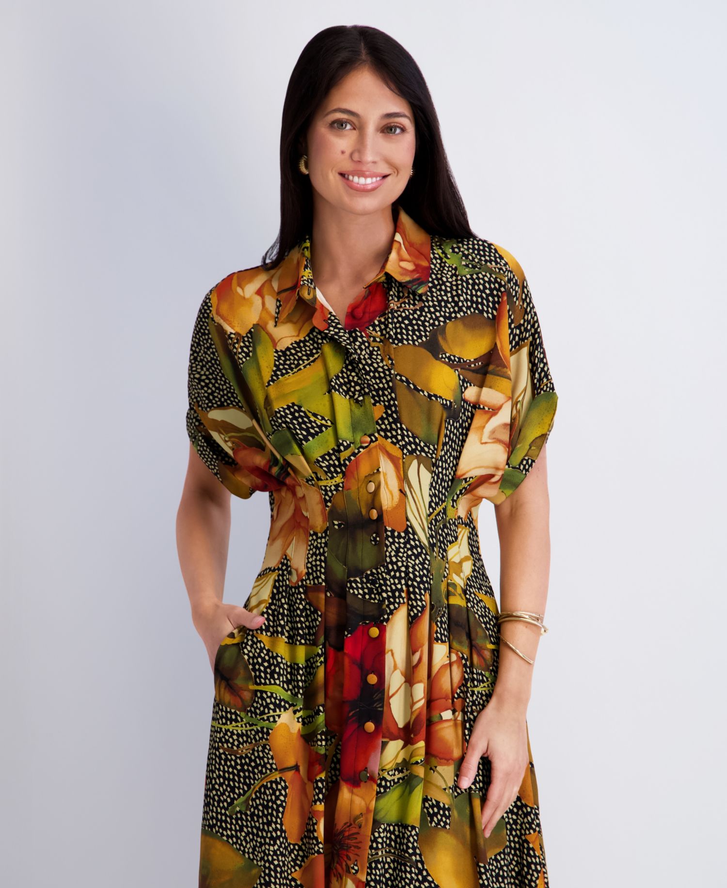 Women's Button-Front Collared Neck Midi Shirt-Dress