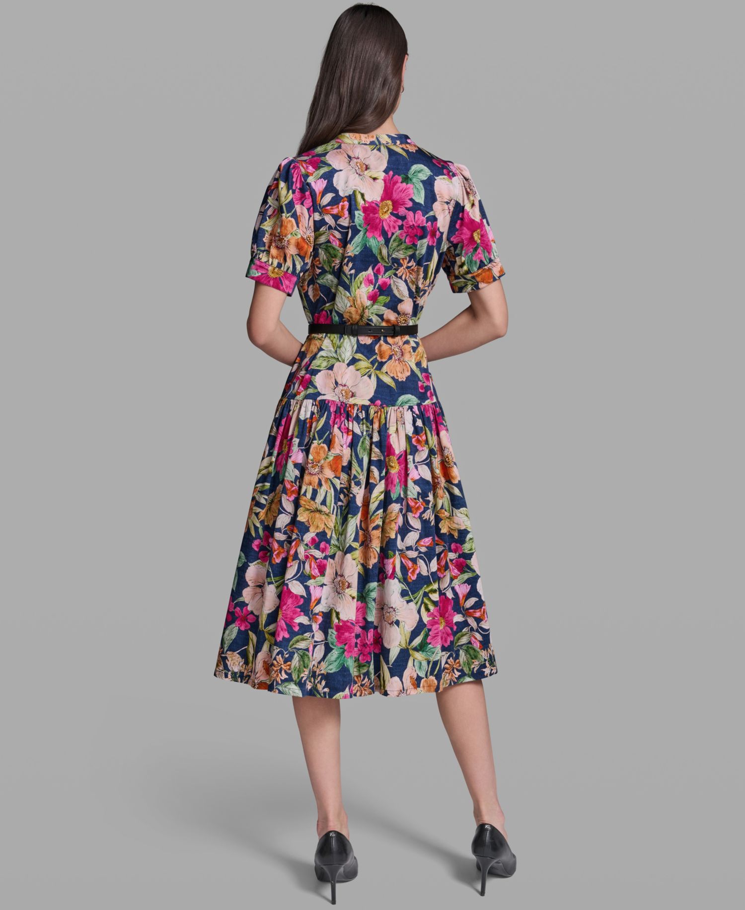 Women's Floral Printed V-Neck Belt Dress