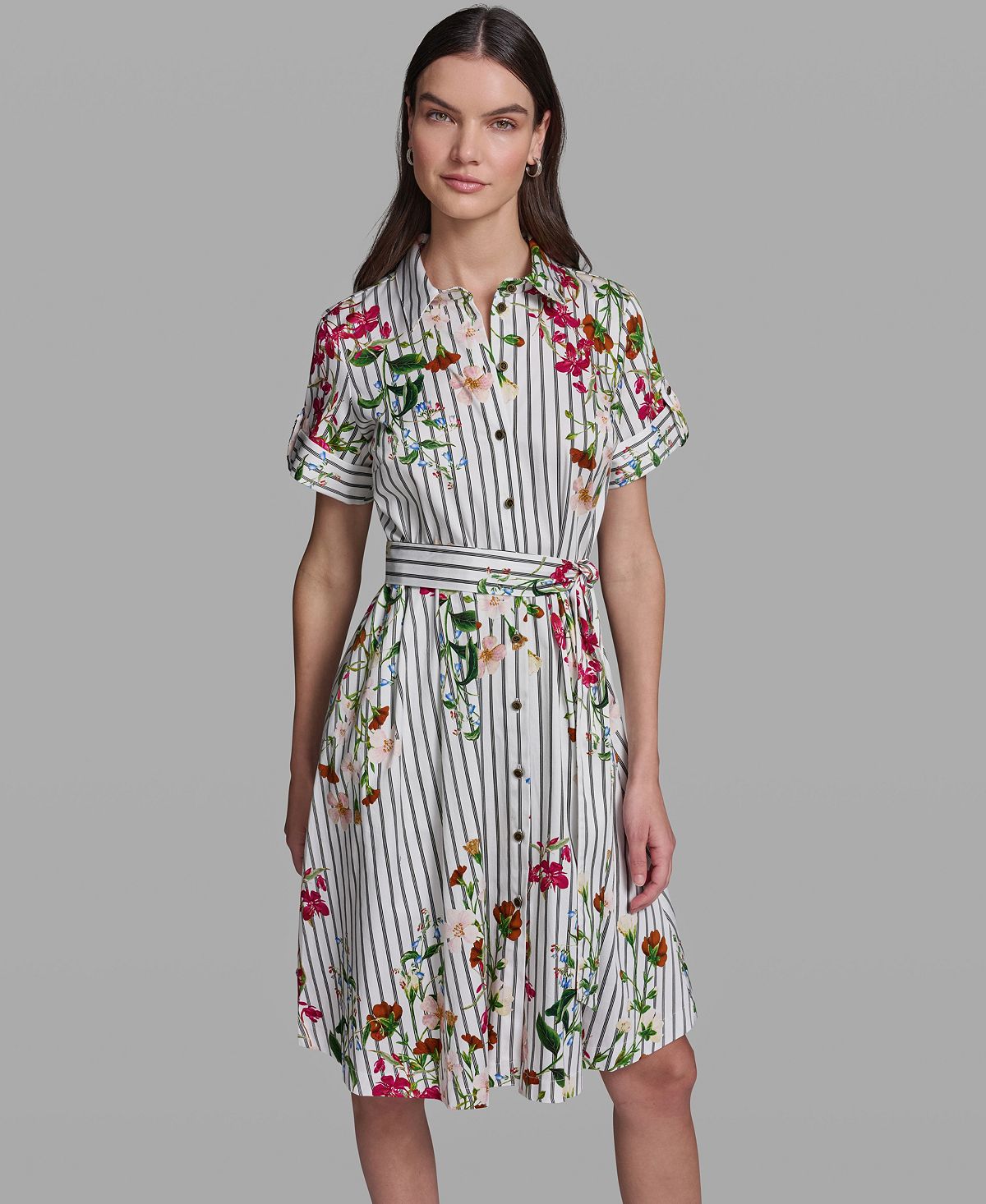 KARL LAGERFELD PARIS Women's Short-Sleeve Striped Shirt-Dress view 1 — MAYCSS fashion products