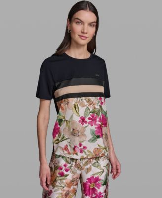 Women's Short-Sleeve Mixed Media Print Knit Top