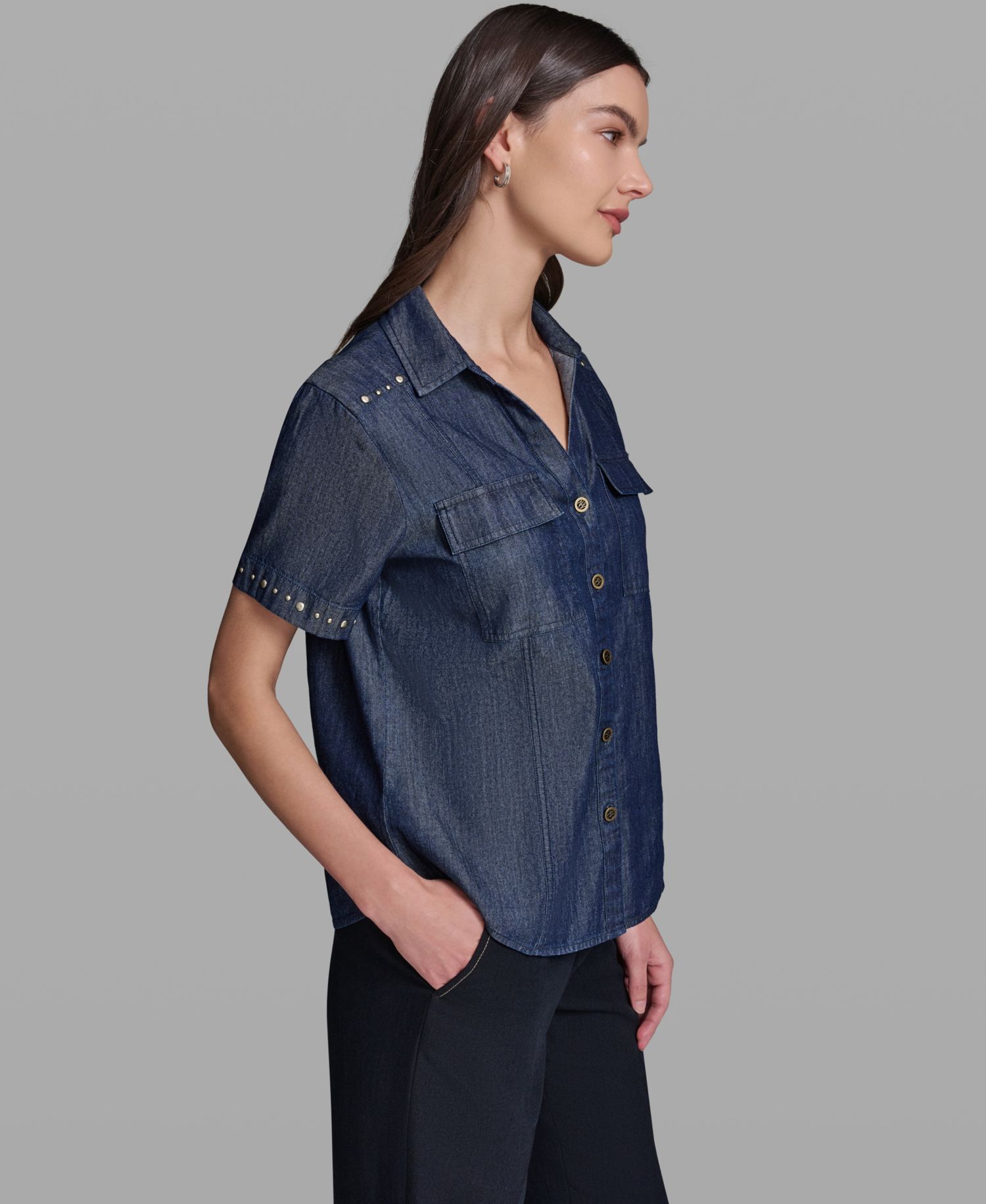 Women's Short-Sleeve Nailhead Trim Camp Shirt
