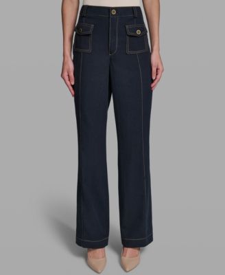 Women's Front Pockets Mid-Rise Straight Long Pants