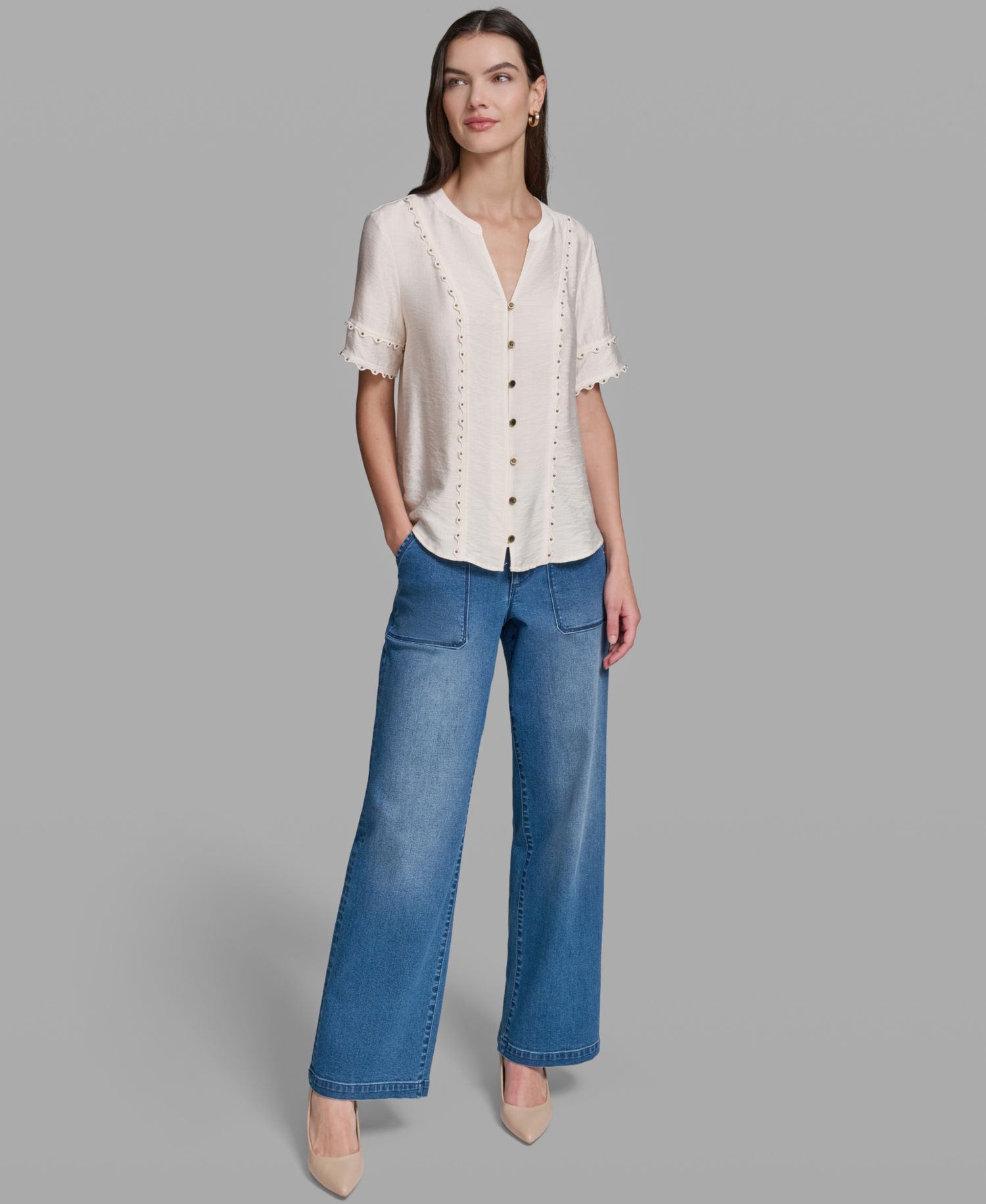 Women's Short-Sleeve Nailhead Trim Woven Top