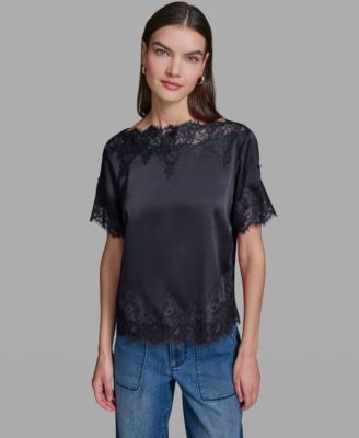 Women's Short-Sleeve Lace Trim Blouse