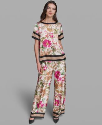 Women's Short-Sleeve Floral Printed Top and Soft Floral Print Pull-On Pants