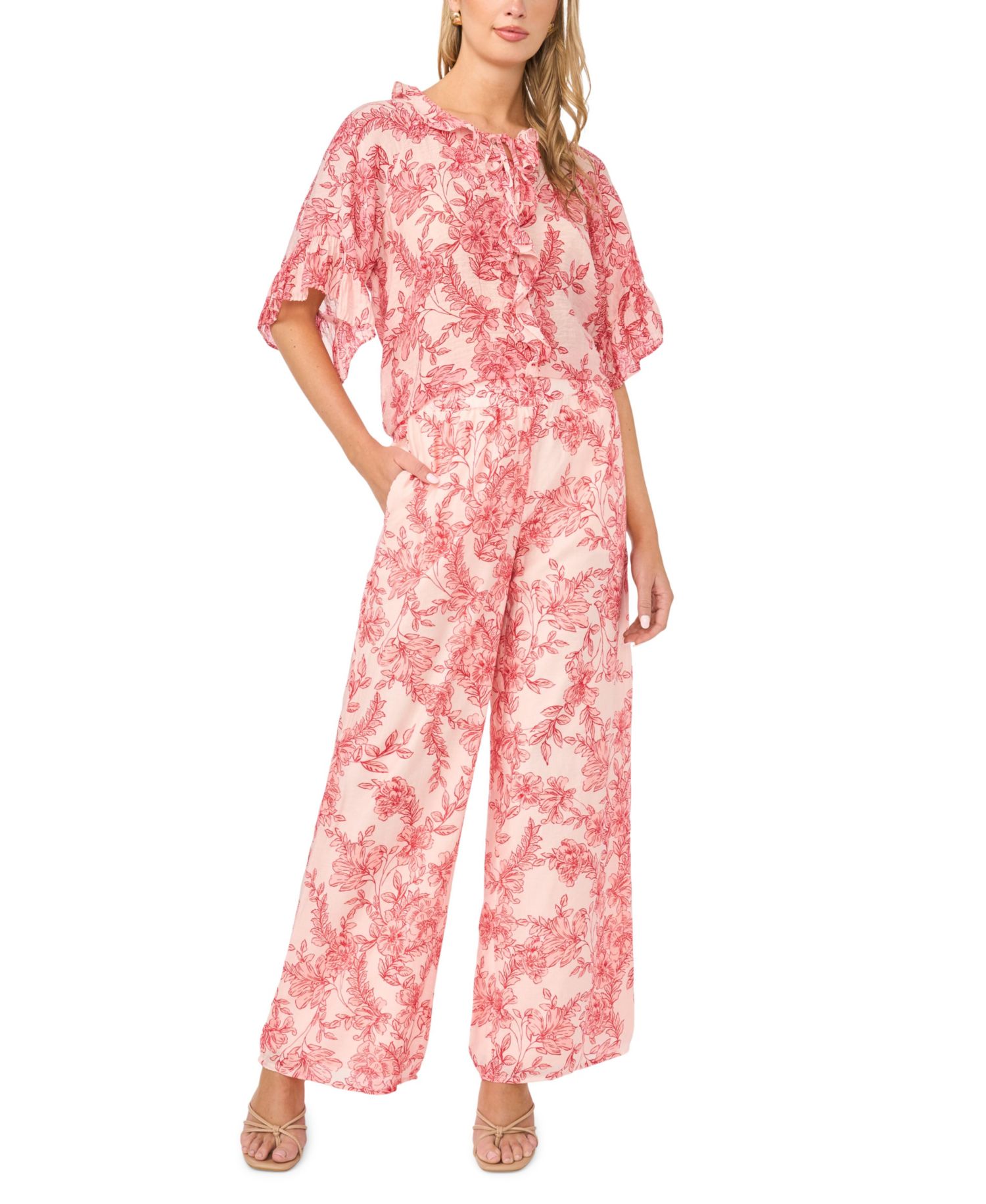 Women's Printed Crewneck Ruffle Front Top
