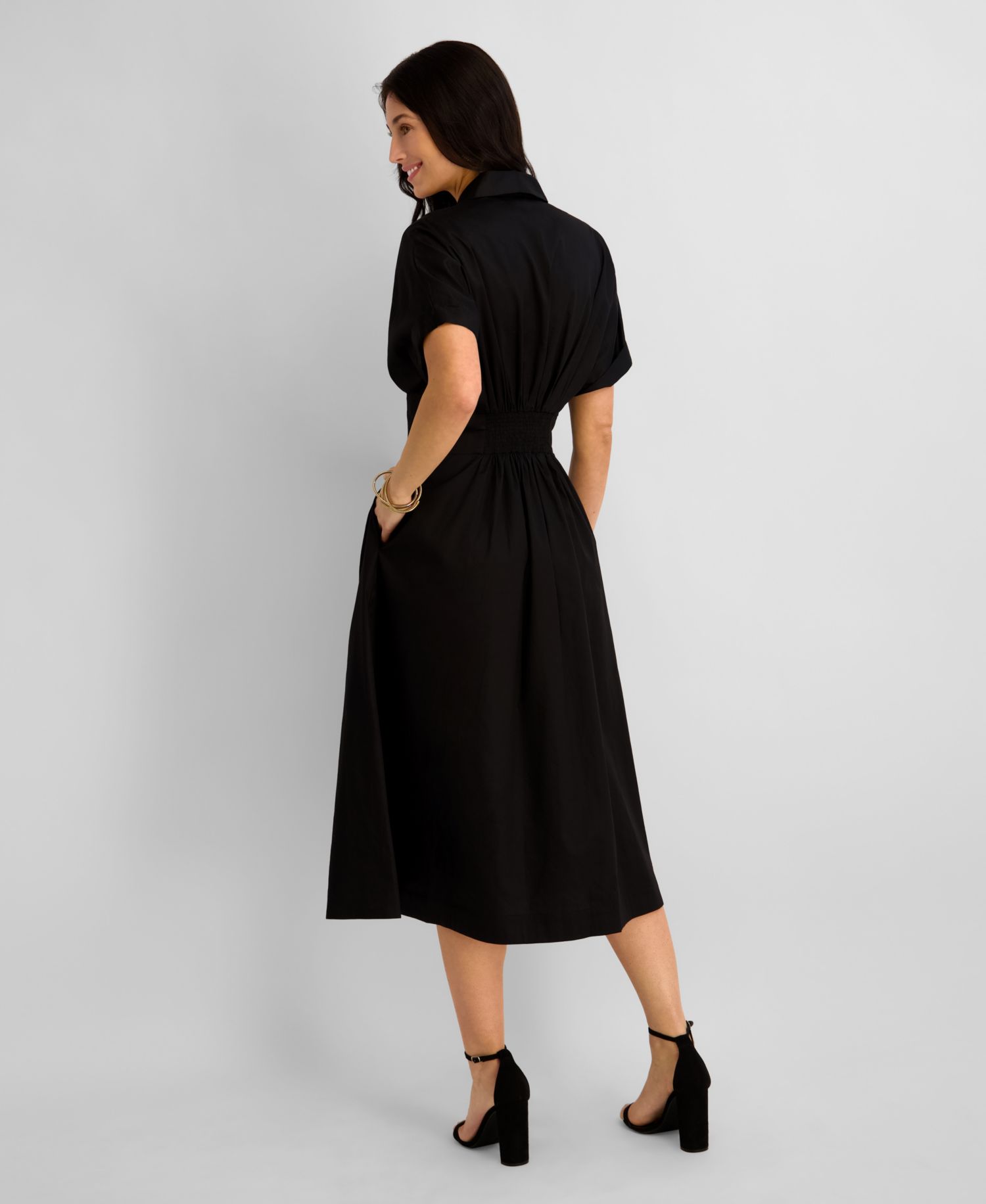 Women's Button-Front Cinched Waist Cotton Midi Shirt-Dress